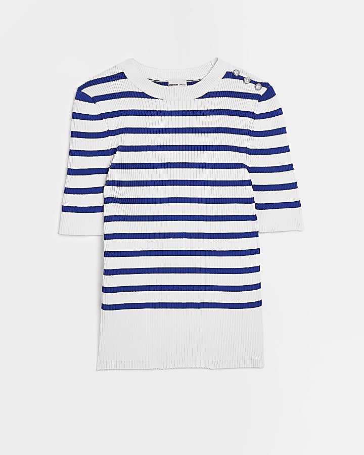 Blue knit stripe short sleeve top