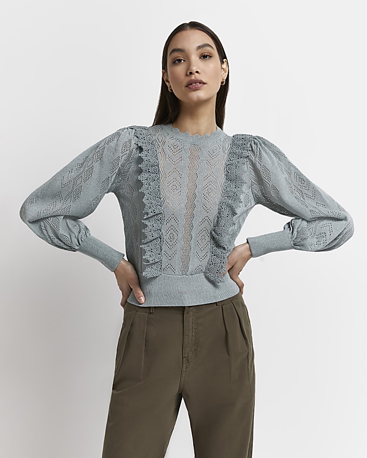 Blue knitted lace trim top