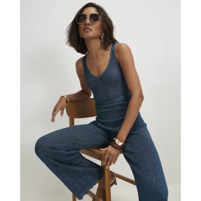 Blue Knitted Metallic Stitch Vest Top