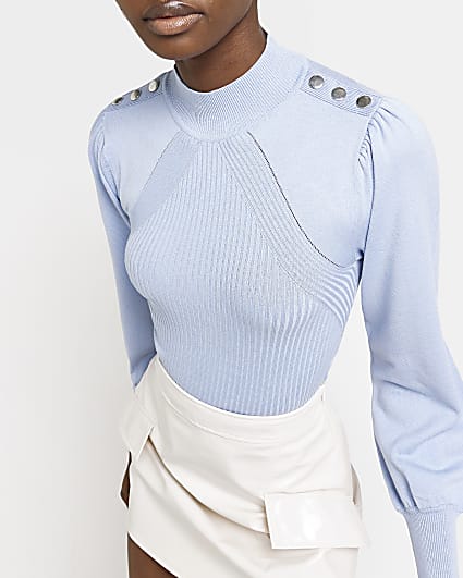 Blue knitted puff sleeve jumper