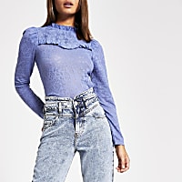 Blue lace embroidered frill high neck top
