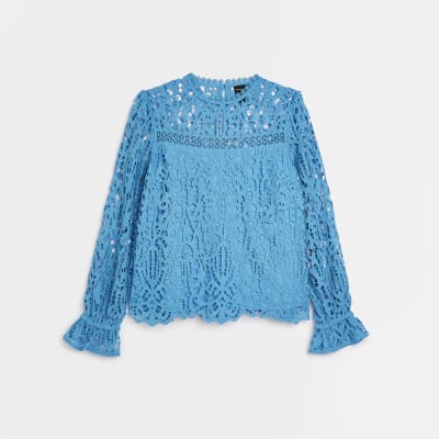Blue lace long sleeve blouse River Island