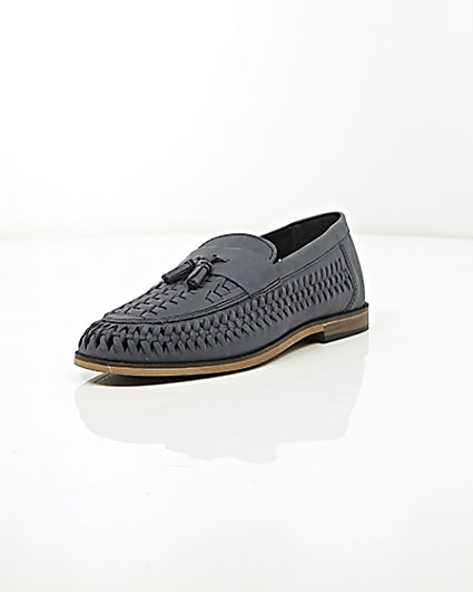 360 degree animation of product Blue leather woven tassel loafers frame-1
