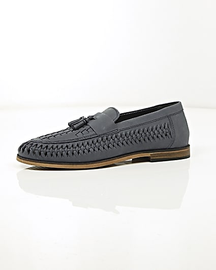 360 degree animation of product Blue leather woven tassel loafers frame-23