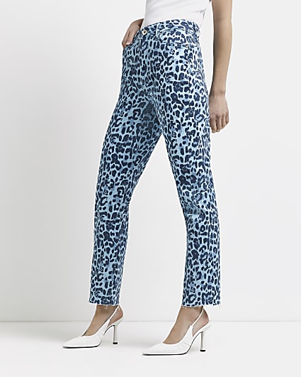 Blue leopard mid rise straight leg jeans