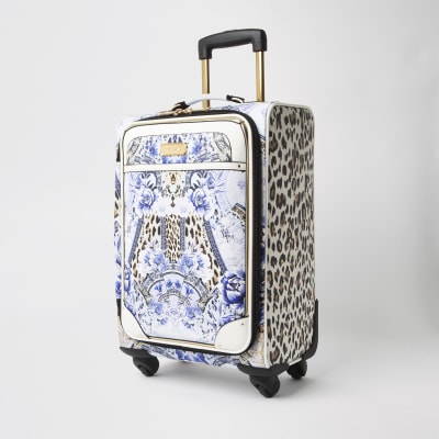 Blue leopard print four wheel suitcase