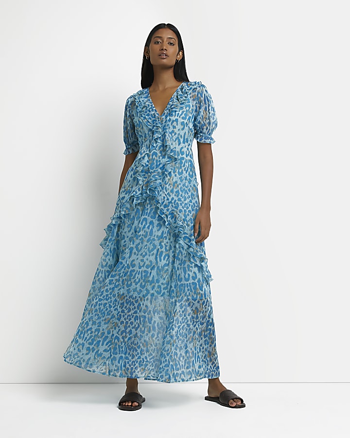 Blue leopard print frill maxi dress