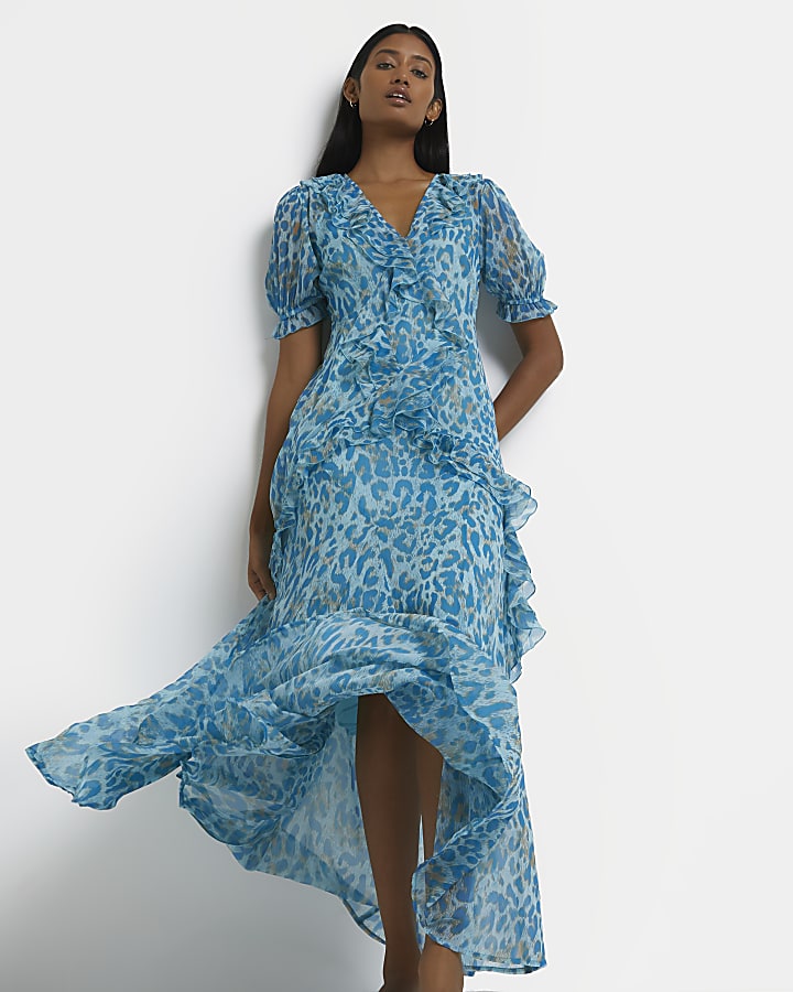 Blue leopard print frill maxi dress