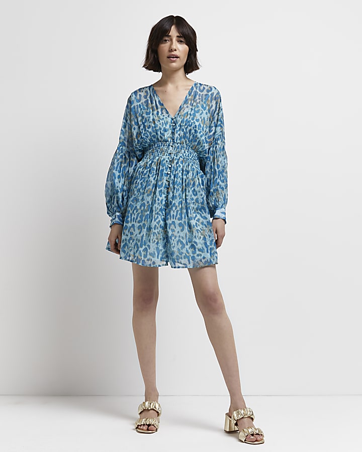 Blue leopard print mini shirt dress