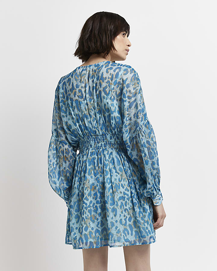 Blue leopard print mini shirt dress