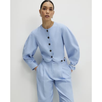 Blue Linen Blend Balloon Sleeve Jacket