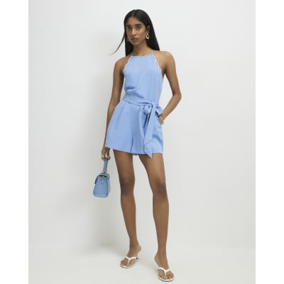 Blue Linen Blend Scallop Playsuit