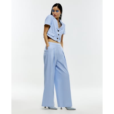 Blue Linen Blend Scallop Wide Leg Trousers