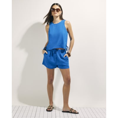 Blue Linen Blend Shorts