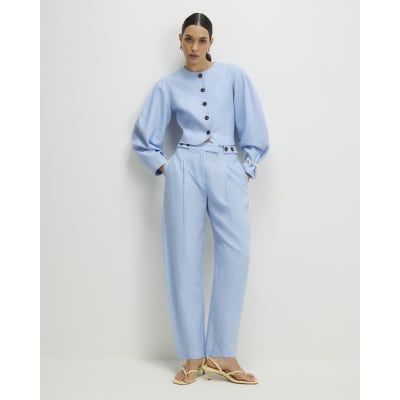 Blue Linen Blend Tailored Barrel Trousers