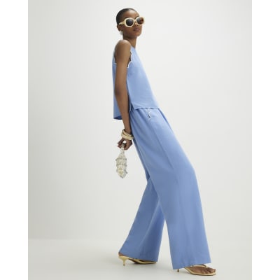 Blue Linen Blend Wide Leg Trousers