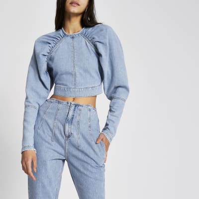 denim crop top long sleeve