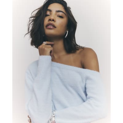 Blue Long Sleeve Asymmetric Fluffy Top