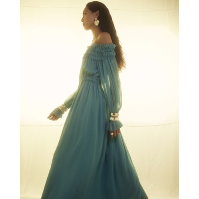 Blue Long Sleeve Bardot Maxi Dress | River Island