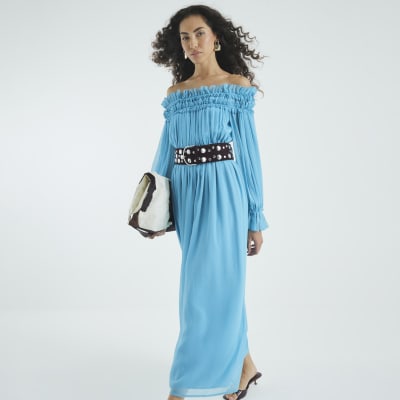 Blue Long Sleeve Bardot Maxi Dress