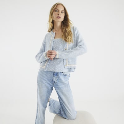 Blue Long Sleeve Boucle Cardigan