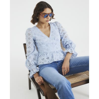 Blue Long Sleeve Broderie Peplum Blouse
