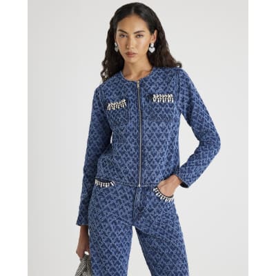 Blue Long Sleeve Embellished Boucle Jacket