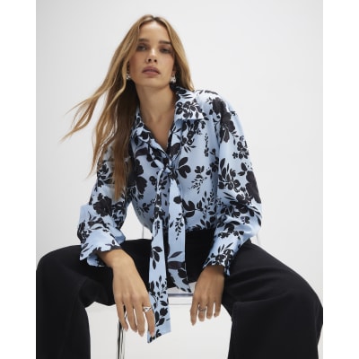 Blue Long Sleeve Floral Print Shirt