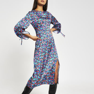 blue floral midi dress with sleeves