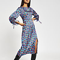Blue long sleeve floral ruched midi dress