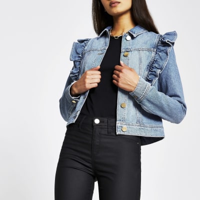 Blue Long Sleeve Frill Denim Jacket River Island 