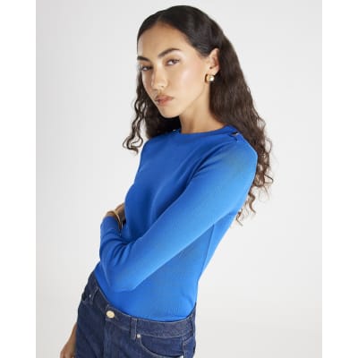 Blue Long Sleeve Lurex Bodyfit Knitted Top