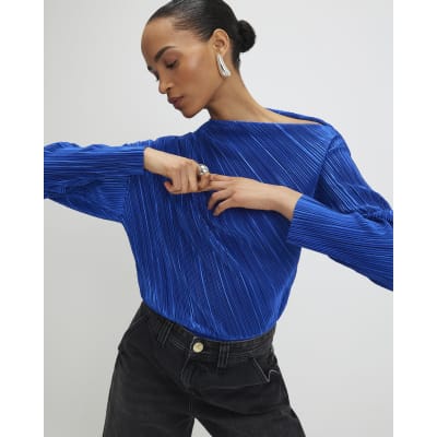 Blue Long Sleeve Plisse Asymmetric Drape Top