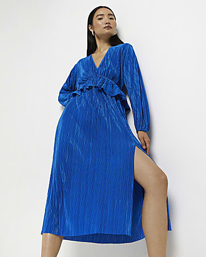 Blue long sleeve plisse frill midi dress