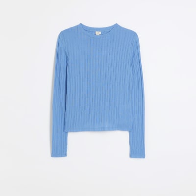 Blue long sleeve ribbed top River Island