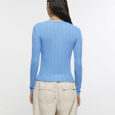 Blue long sleeve ribbed top River Island
