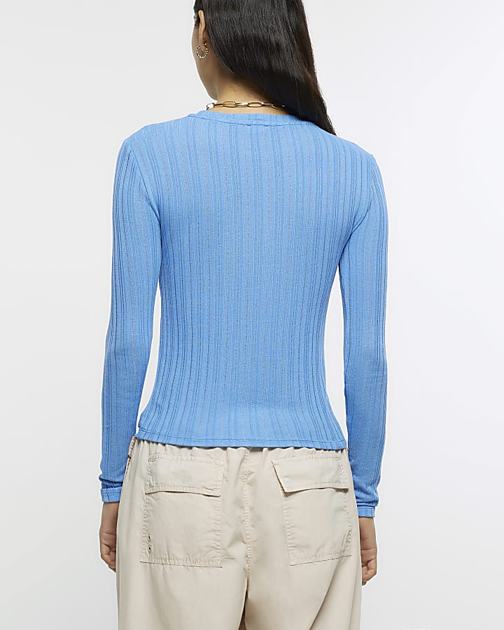 Blue long sleeve ribbed top | River Island