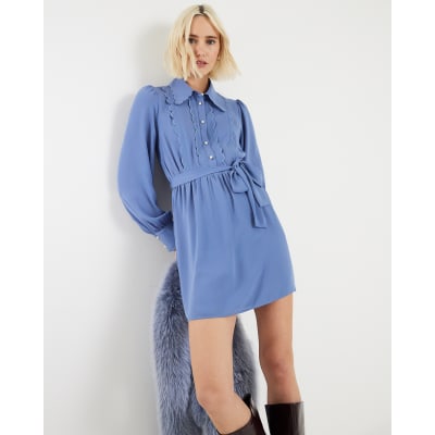 Blue Long Sleeve Scallop Trim Shirt Dress