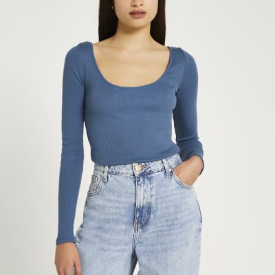 Blue Long Sleeve Scoop Neck Ribbed Top River Island