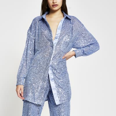 blue sequin long sleeve top