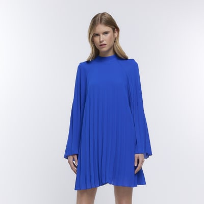 BLUE LONG SLEEVE SWING MINI DRESS River Island