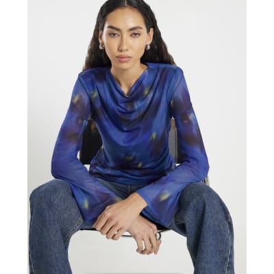 Blue Long Sleeve Swirl Print Top
