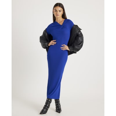 Blue Long Sleeve Twist Front Midi Dress