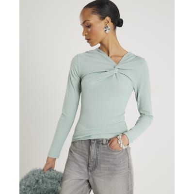 Blue Long Sleeve Twist Front Top
