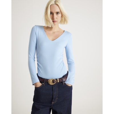 Blue Long Sleeve V Neck Ruched Side Bodysuit