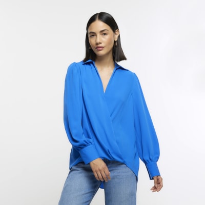 Blue long sleeve wrap blouse | River Island
