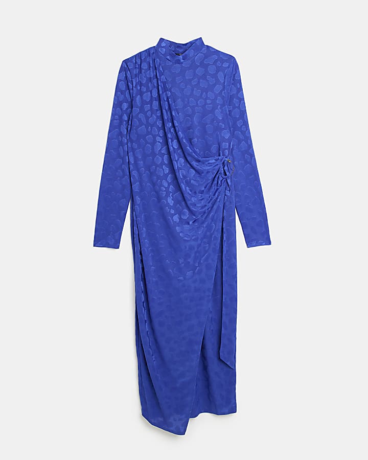 Blue long sleeve wrap bodycon midi dress
