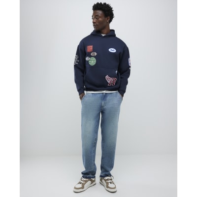 Blue Loose Fit Embroidered Pocket Jeans