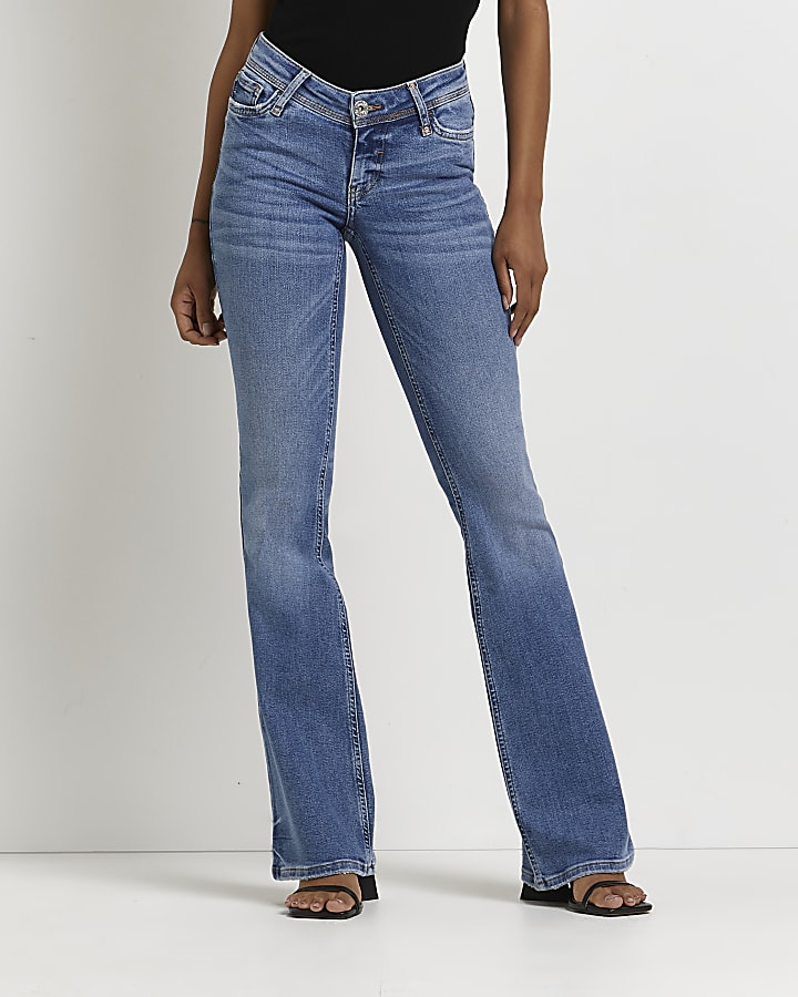 Blue low rise flared jeans