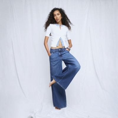Blue Low Rise Palazzo Wide Leg Jeans